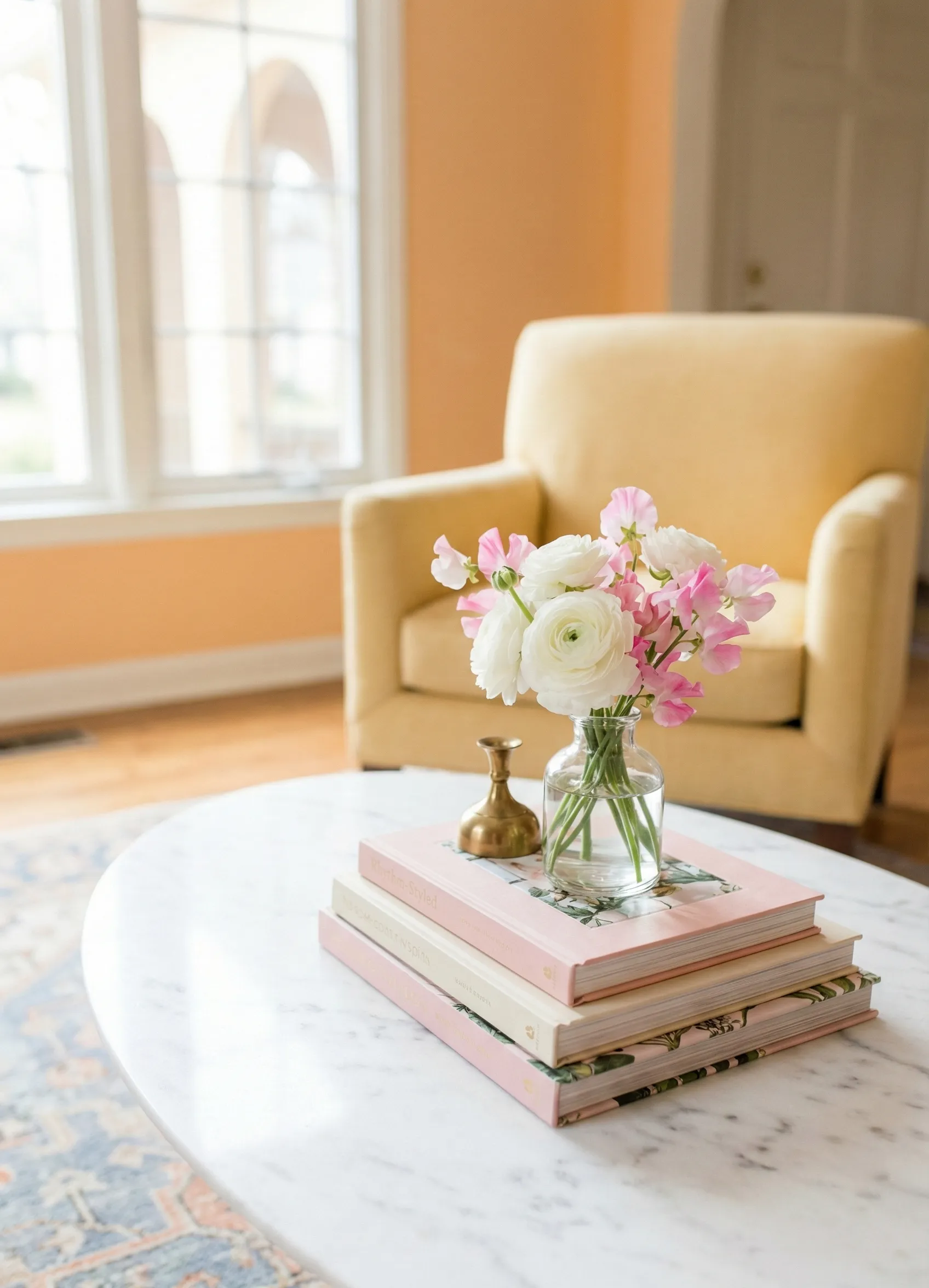 Light Book Stack Topped With Floral Accent