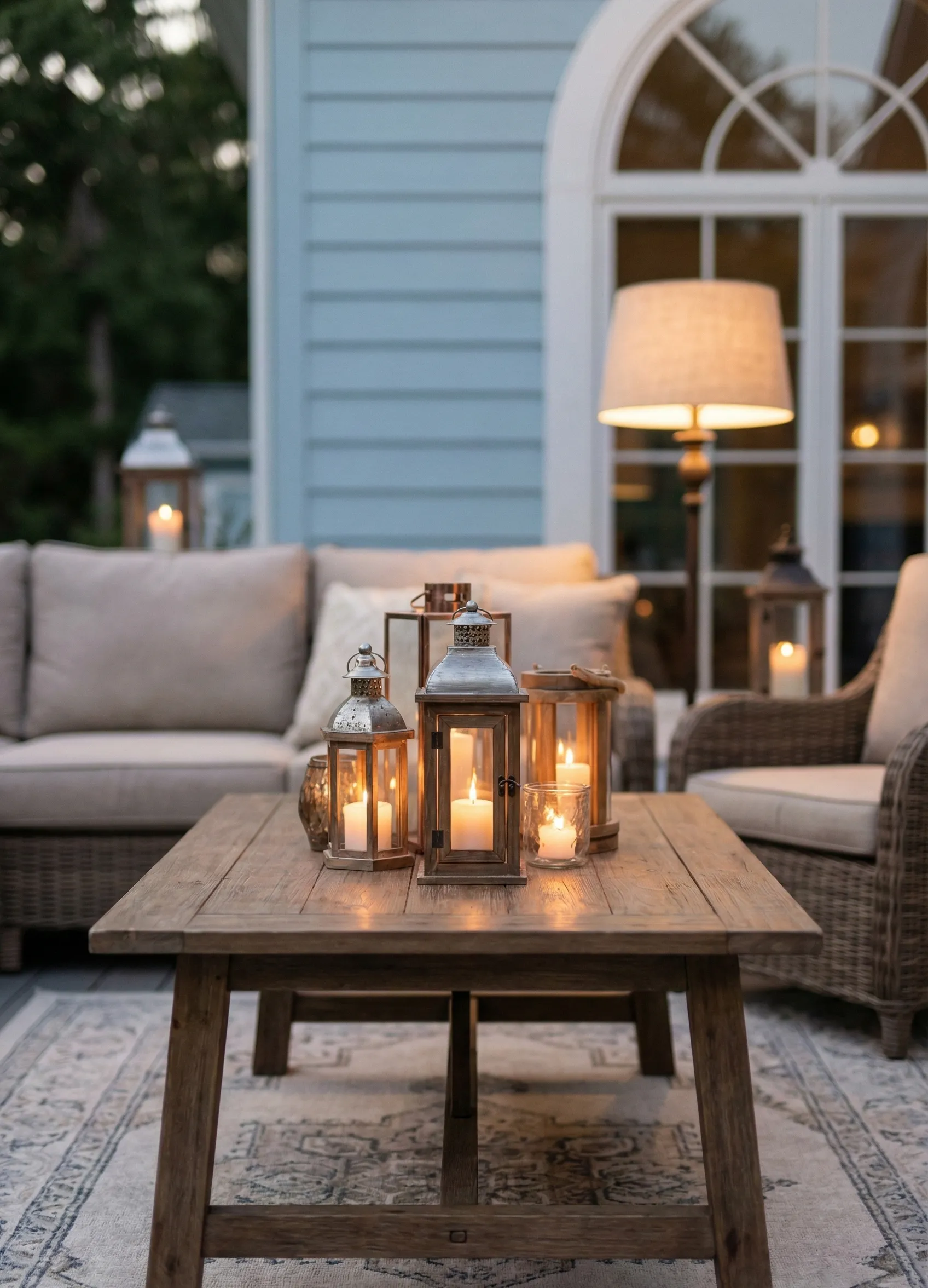 Rustic Wood Table With Lantern Candles