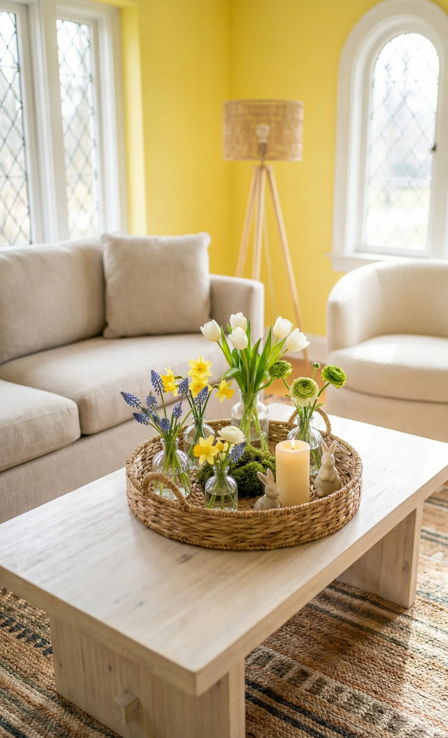 Woven Tray Styled With Seasonal Blooms