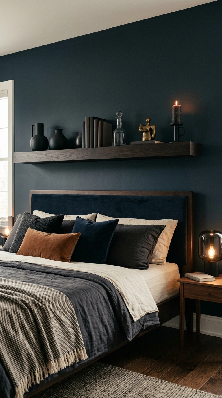 Moody Dark Accent Shelf Above the Bed