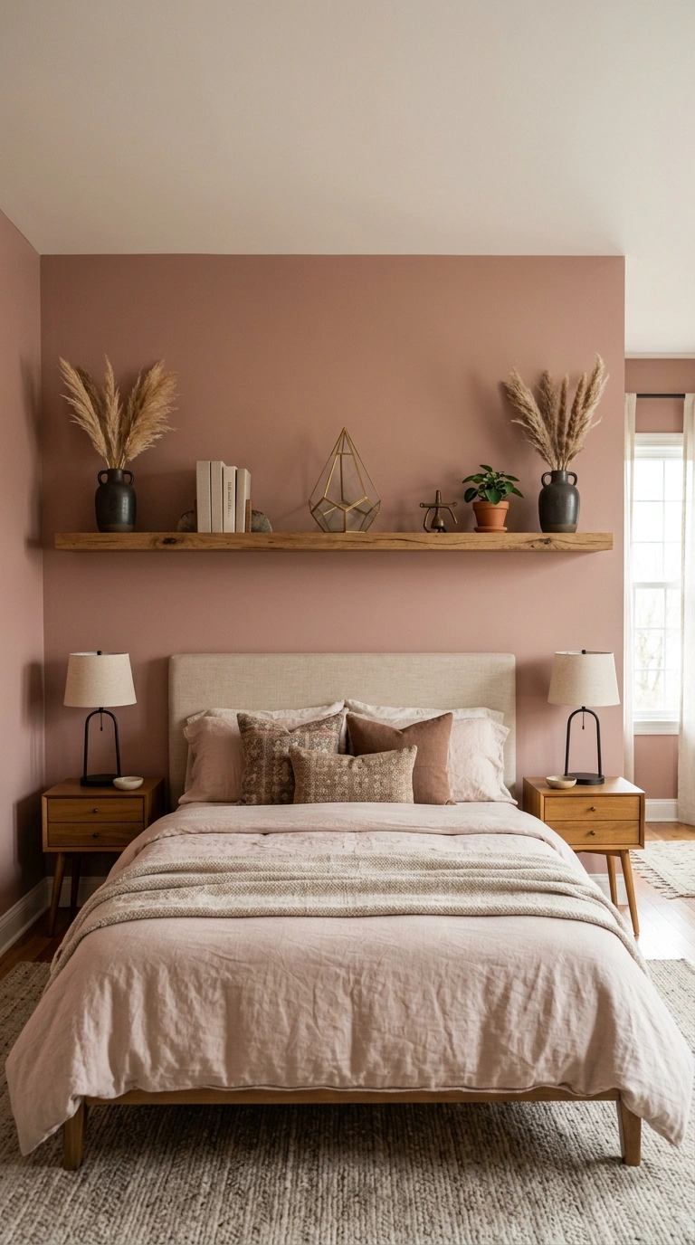 Symmetrical Shelf Styling Above the Bed