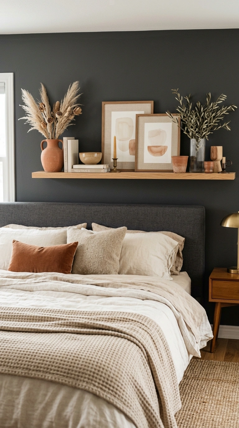 Warm Neutral Shelf Styling Above the Bed for Soft Tones